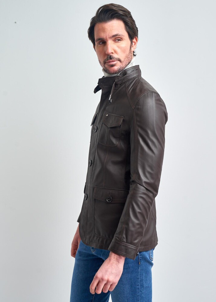 FELIX ORIGINAL DESIGN SLIM FIT, GARNISHED, BUTTONED GENUINE LEATHER JACKET - 3