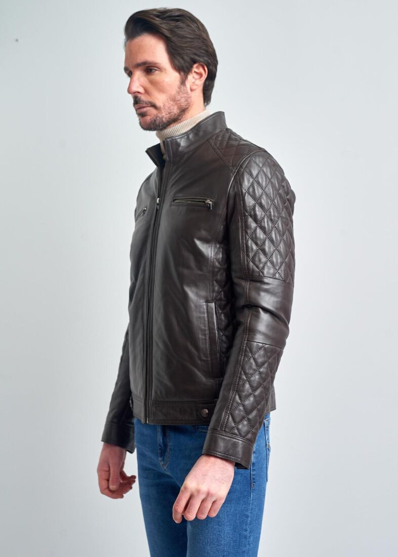 FRANCK STAND COLLAR ZIPPERED GENUINE LEATHER JACKET - 3