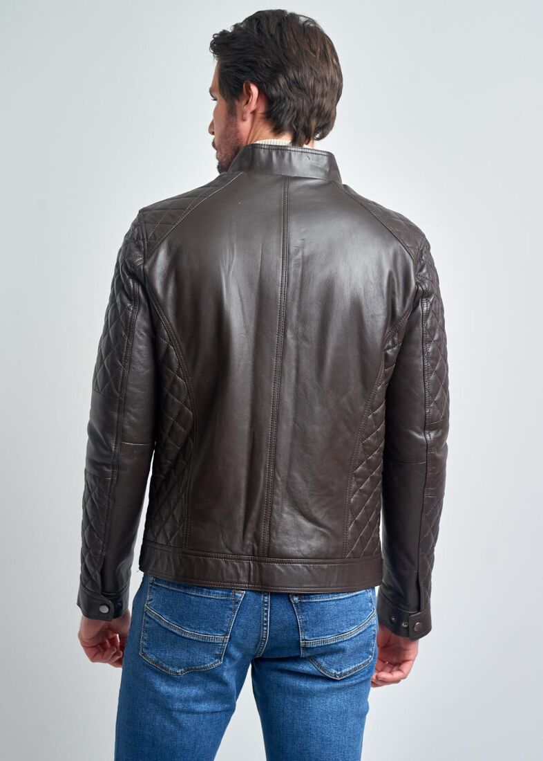 FRANCK STAND COLLAR ZIPPERED GENUINE LEATHER JACKET - 6