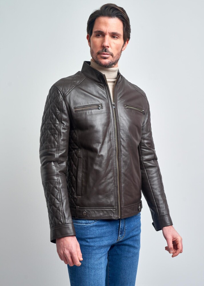 FRANCK STAND COLLAR ZIPPERED GENUINE LEATHER JACKET - 7