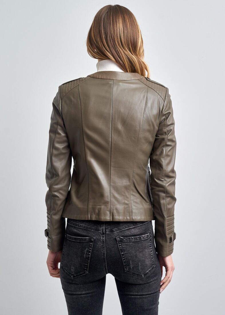 IRENE ZIPPERED GENUINE LEATHER JACKET, BIKE COLLAR - 5