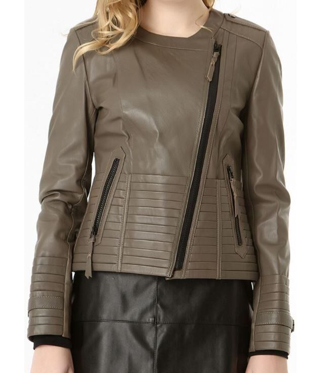 IRENE ZIPPERED GENUINE LEATHER JACKET, BIKE COLLAR - 6