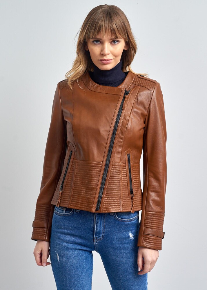 IRENE ZIPPERED GENUINE LEATHER JACKET, BIKE COLLAR - 7