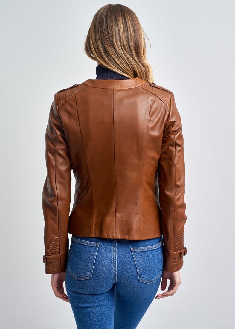 IRENE ZIPPERED GENUINE LEATHER JACKET, BIKE COLLAR - 9