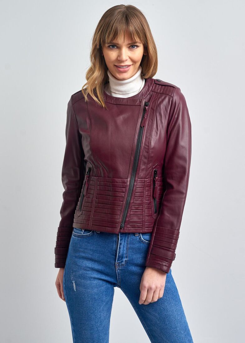 IRENE ZIPPERED GENUINE LEATHER JACKET, BIKE COLLAR - 11