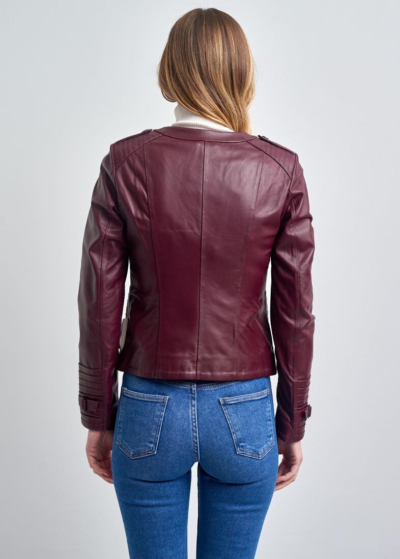 IRENE ZIPPERED GENUINE LEATHER JACKET, BIKE COLLAR - 12