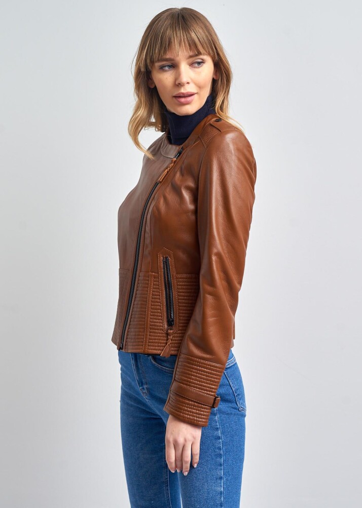 IRENE ZIPPERED GENUINE LEATHER JACKET, BIKE COLLAR - 13