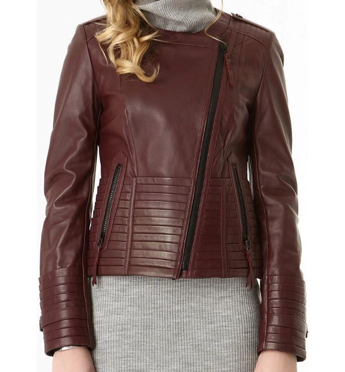 IRENE ZIPPERED GENUINE LEATHER JACKET, BIKE COLLAR - 15