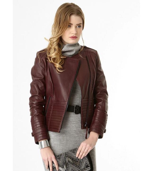 IRENE ZIPPERED GENUINE LEATHER JACKET, BIKE COLLAR - 16