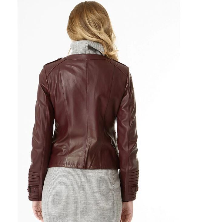 IRENE ZIPPERED GENUINE LEATHER JACKET, BIKE COLLAR - 17