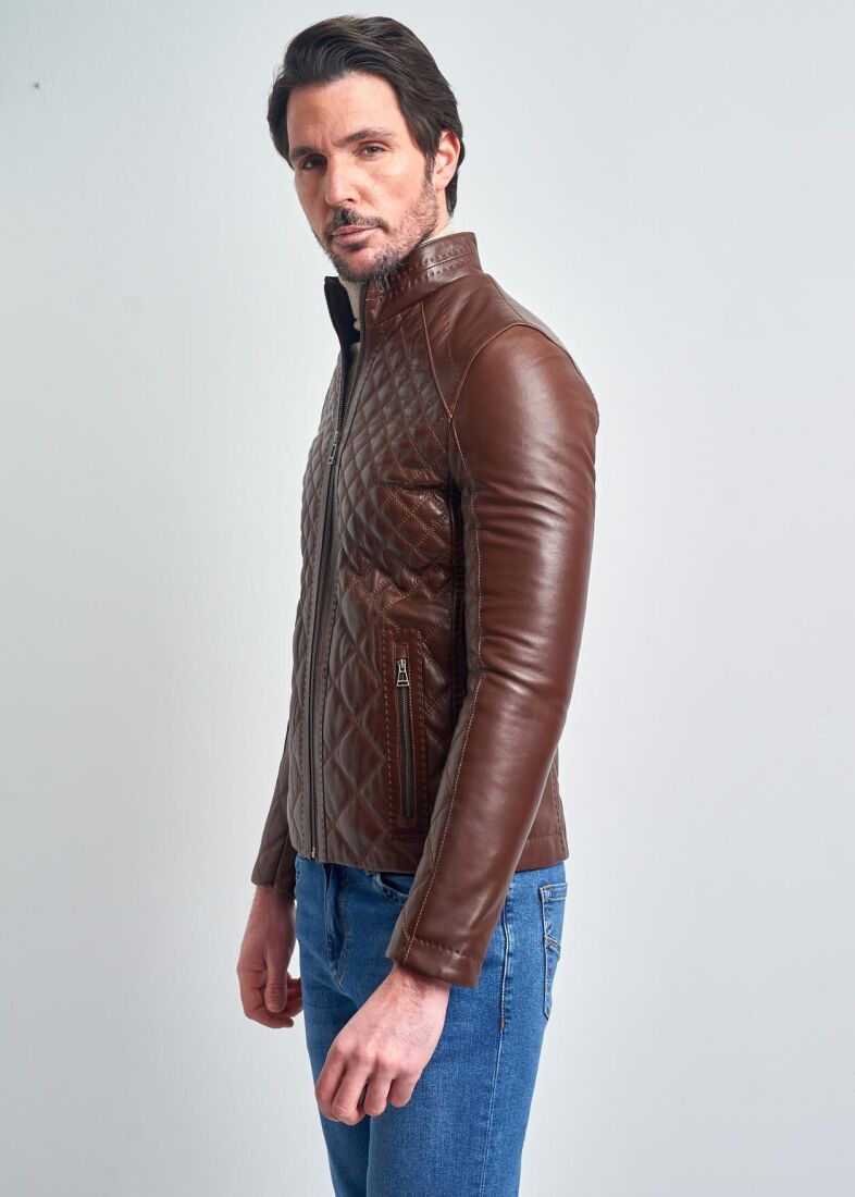 LOICH STAND COLLAR QUILTED GENUINE LEATHER JACKET - 2