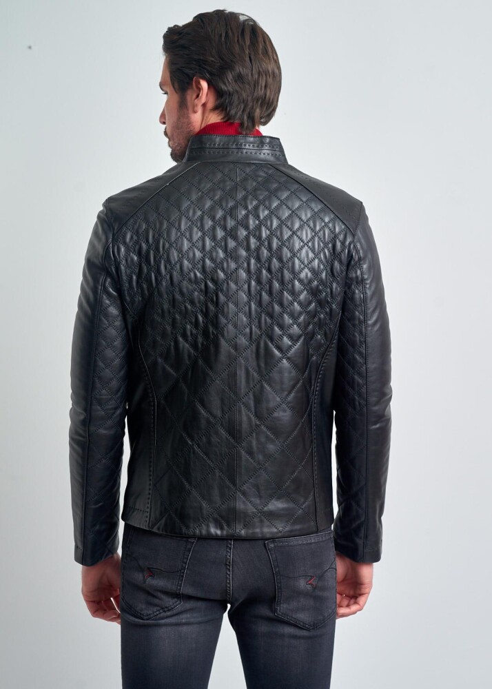 LOICH STAND COLLAR QUILTED GENUINE LEATHER JACKET - 6