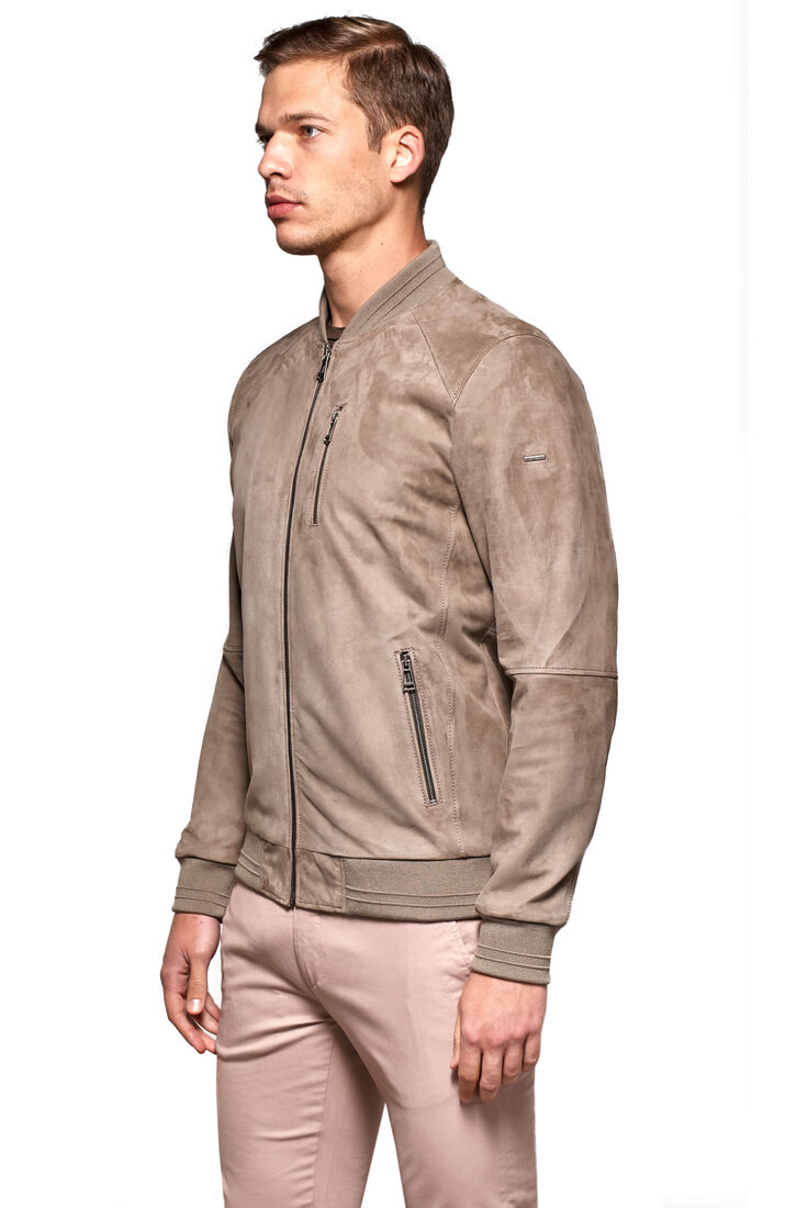 Men's Beige College Collar Genuine Leather Basic Jacket - 2