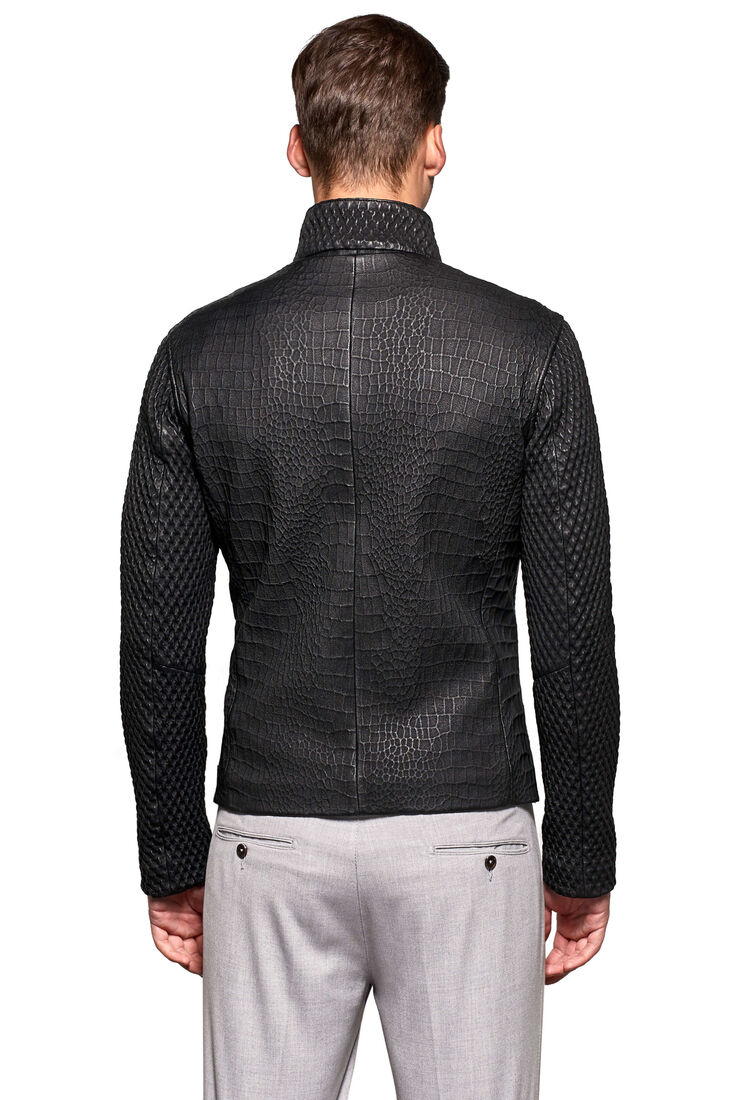 Men's Black Patterned Genuine Leather Jacket - 3