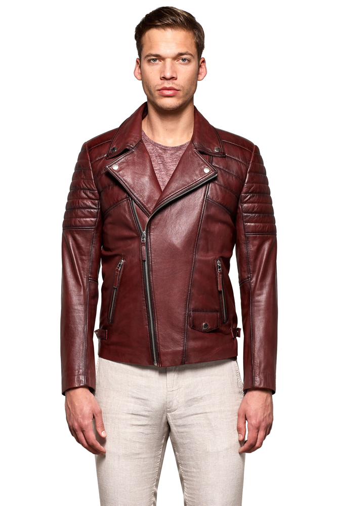 Men's Burgundy Short Leather Jacket With Pocket - 1