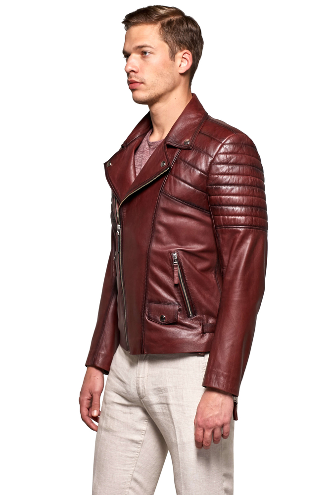 Men's Burgundy Short Leather Jacket With Pocket - 2