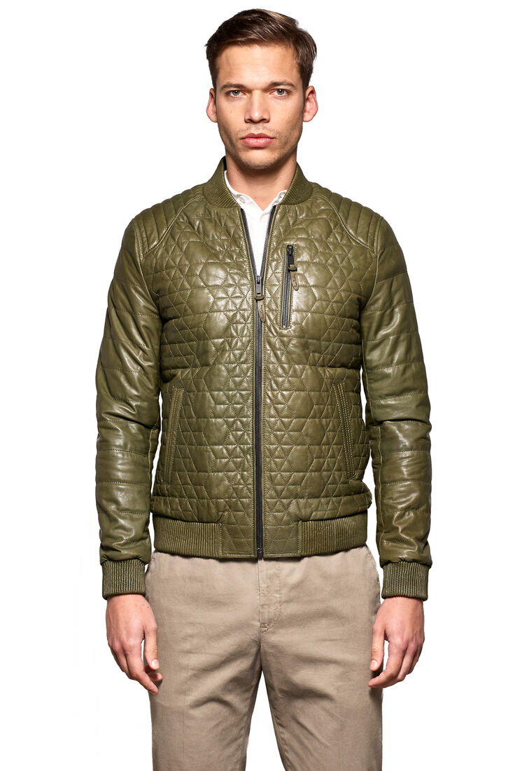 Men's Green College Collar Quilted Genuine Leather Jacket - 1