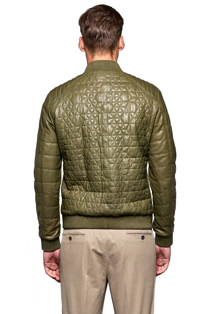 Men's Green College Collar Quilted Genuine Leather Jacket - 3