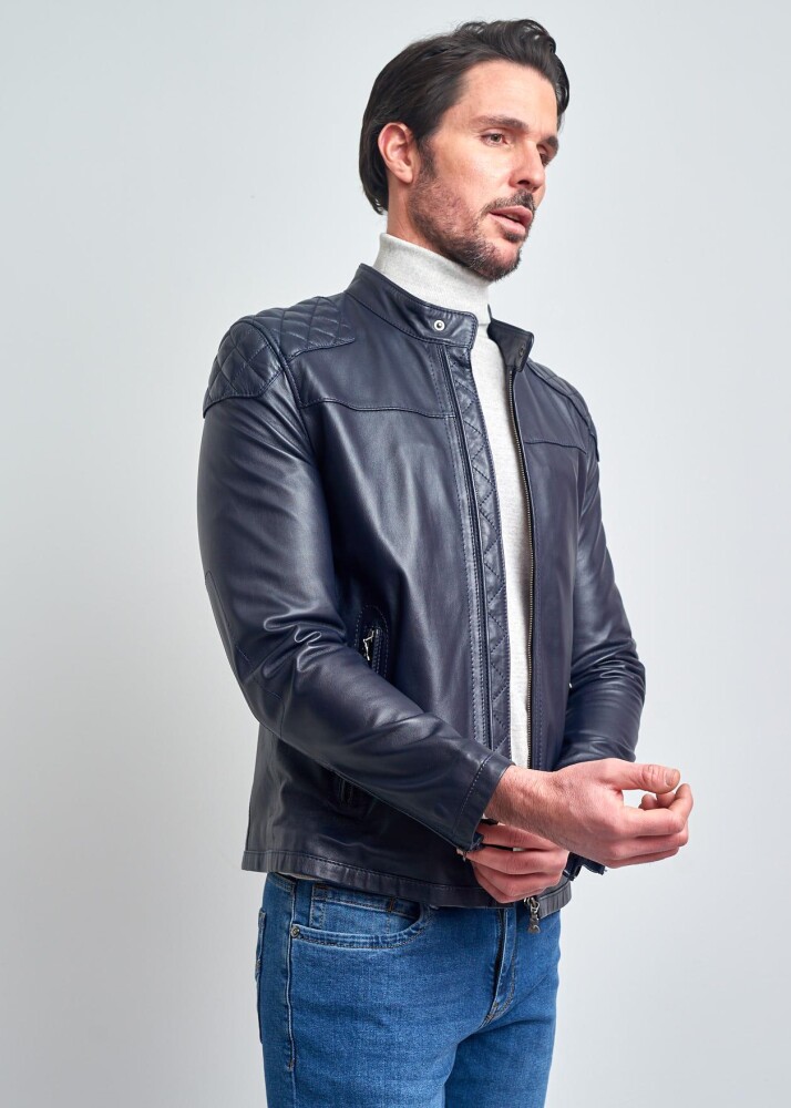 SEBASTIEN STAND COLLAR SPORTY GENUINE LEATHER JACKET - 3