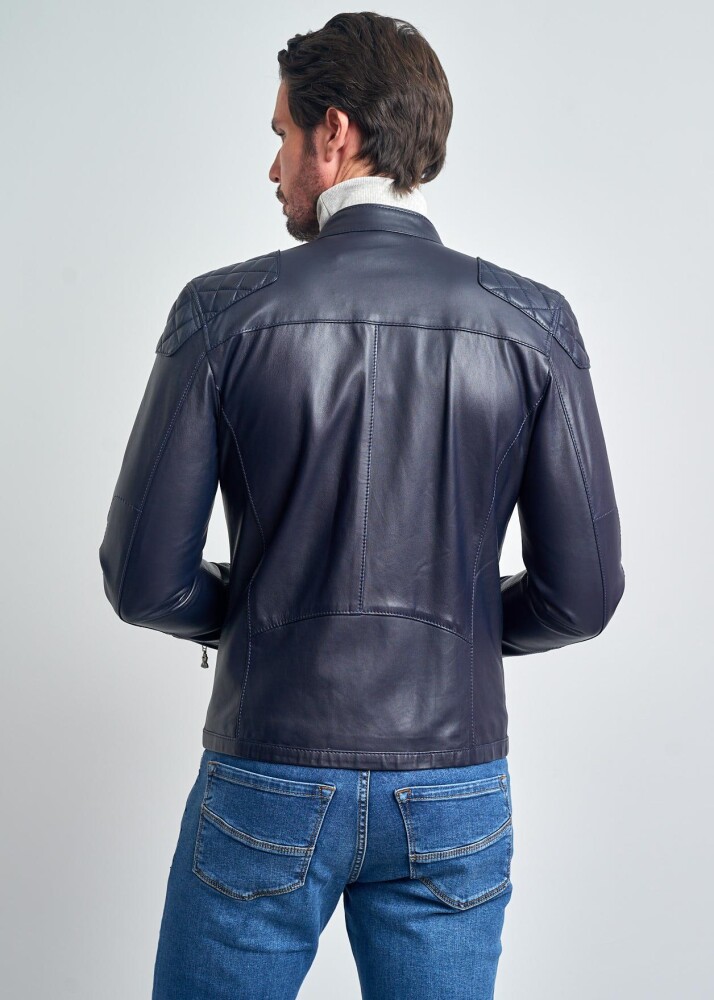 SEBASTIEN STAND COLLAR SPORTY GENUINE LEATHER JACKET - 4